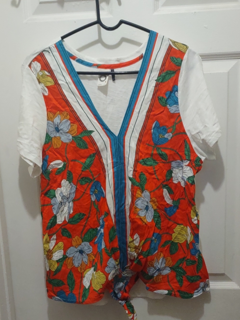Anthropologie Red Floral Tie-Front V-Neck Tunic with Blue Trim Size XL